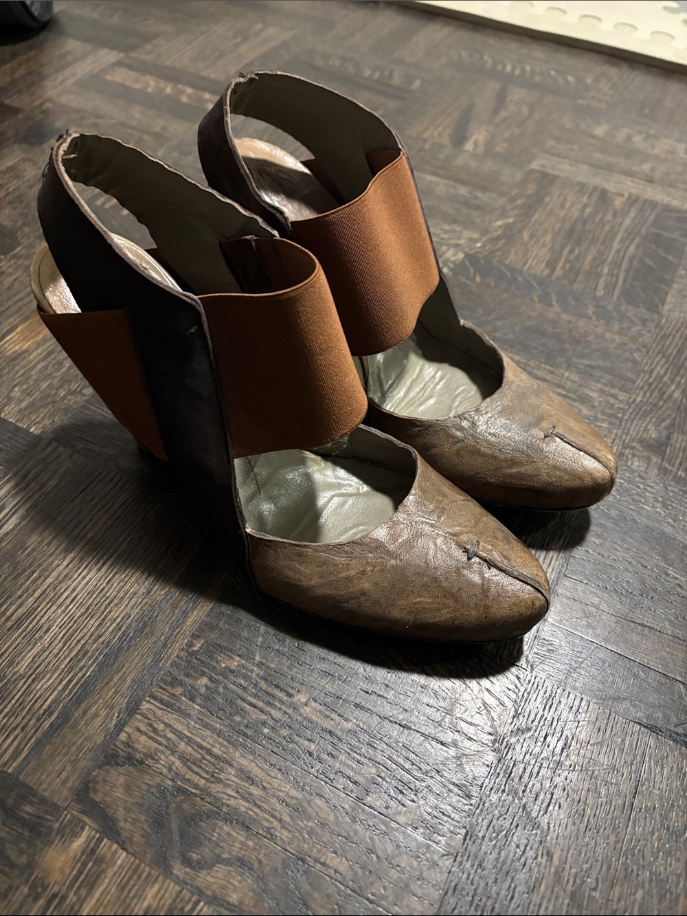 Women's Brown Leather Slingback Heels with Elastic Strap